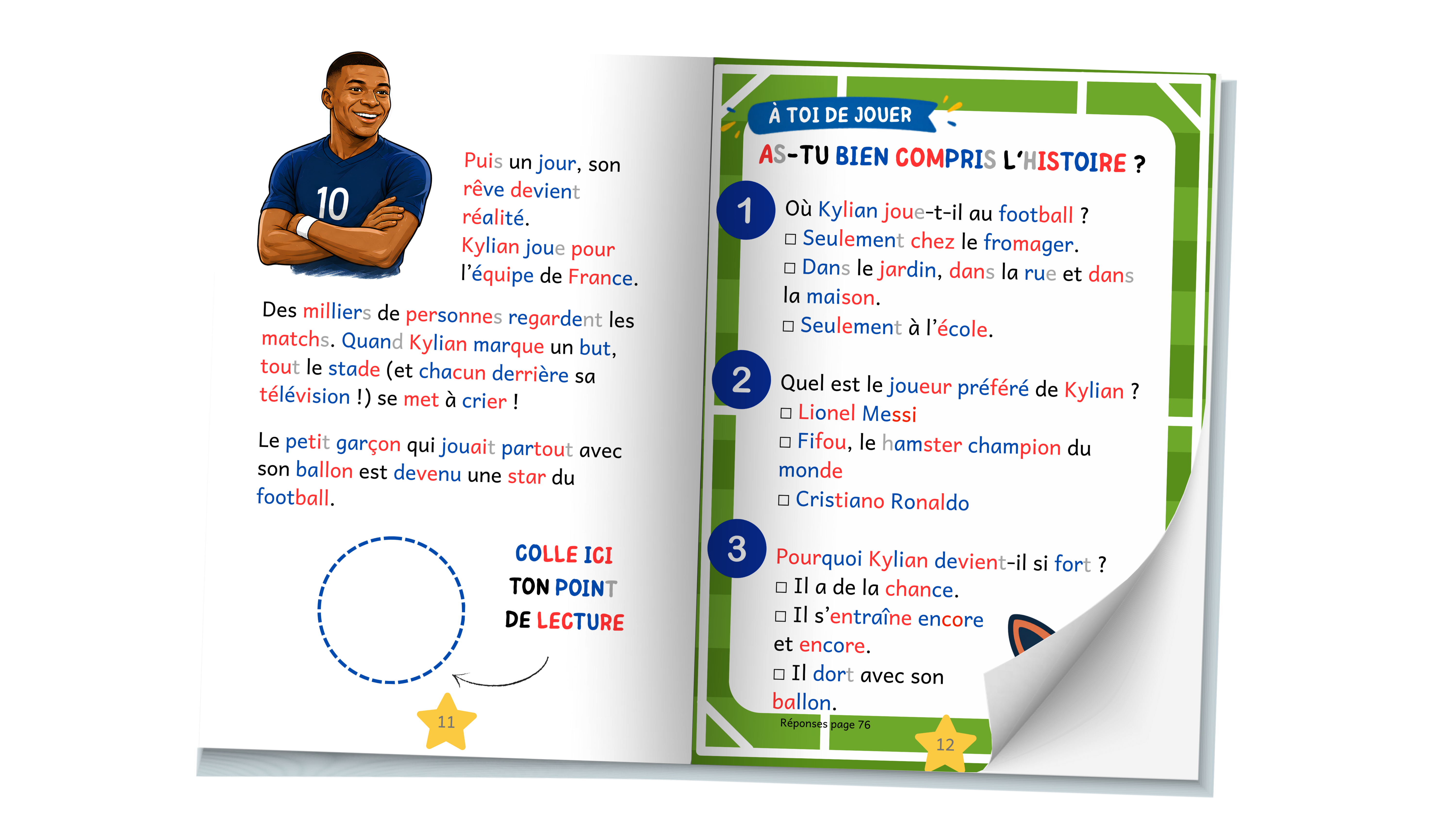 Double page de Stars du Foot avec l’histoire de Kylian et les questions de compréhension