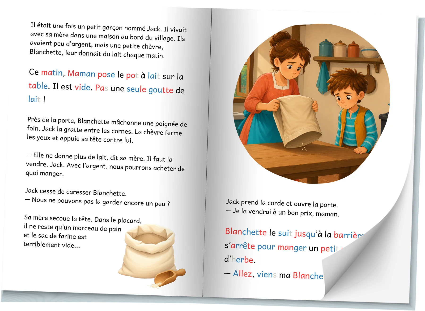 Livre ouvert de Jack et le haricot magique montrant la lecture à deux voix